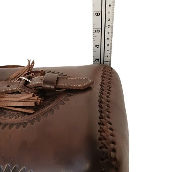 Leather Tooled Crossbody Purse Dark Brown With Turquoise & Green Crochet Strap - Picture 13 of 16